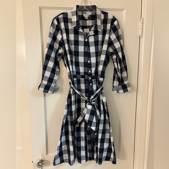 J.Crew Factory Navy Gingham / Plaid Tie-Waist Shirt Dress – Size 14 - Picture 1 of 12
